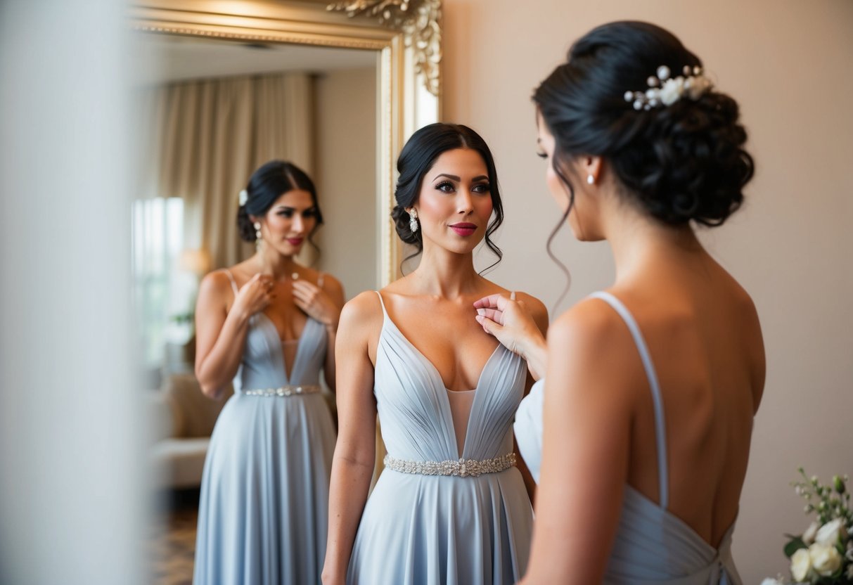 A woman in a floor-length dress adjusts her neckline in front of a mirror, considering whether to show cleavage at a wedding