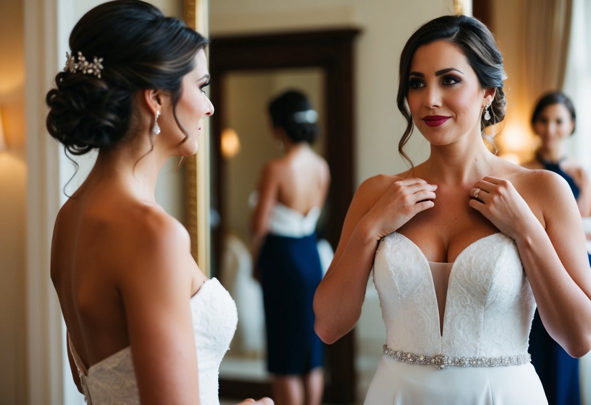 A woman in a formal dress, adjusting her neckline in front of a mirror, contemplating whether to show cleavage at a wedding