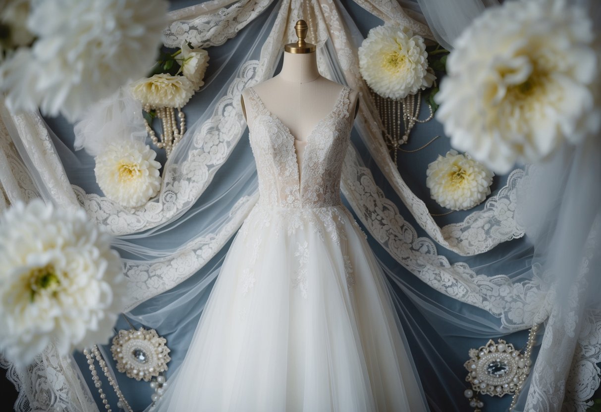 A bridal gown size 10 displayed on a mannequin, surrounded by lace, beads, and tulle fabric