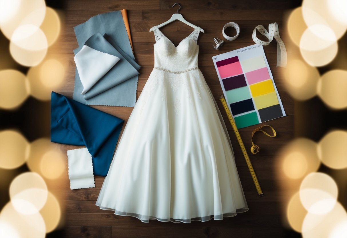 A bridal size 10 dress hanging on a mannequin, surrounded by fabric swatches and a tape measure