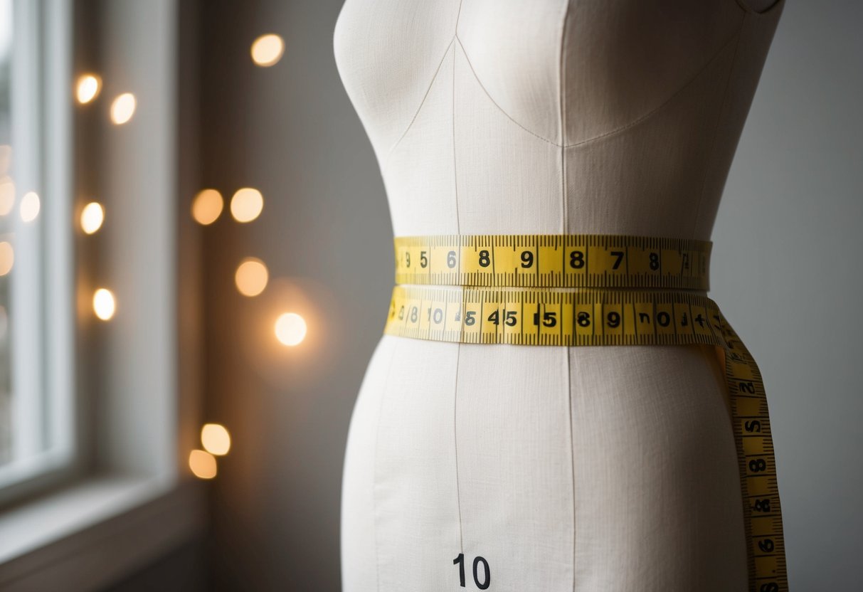 A tape measure wrapped around a dress form set to a size 10