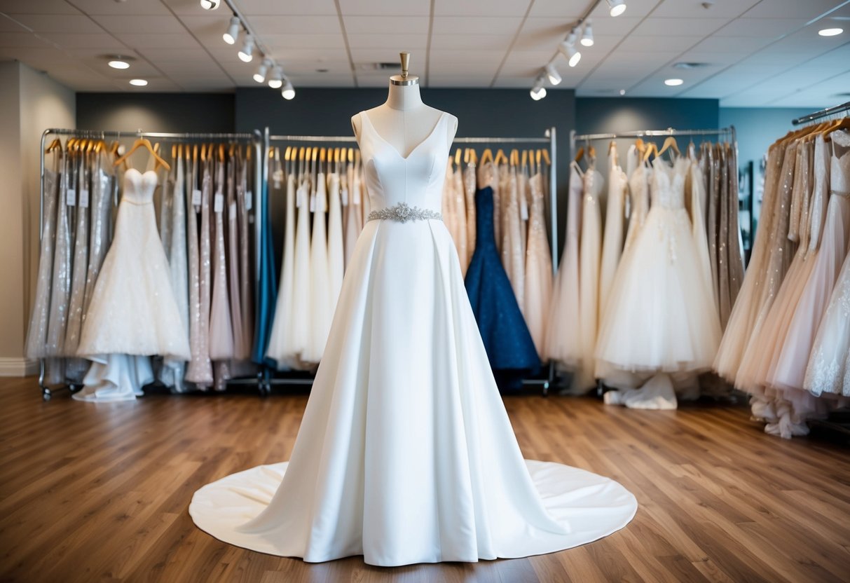 A bridal size 10 gown displayed on a mannequin in a spacious, well-lit bridal boutique with racks of various wedding dresses in the background