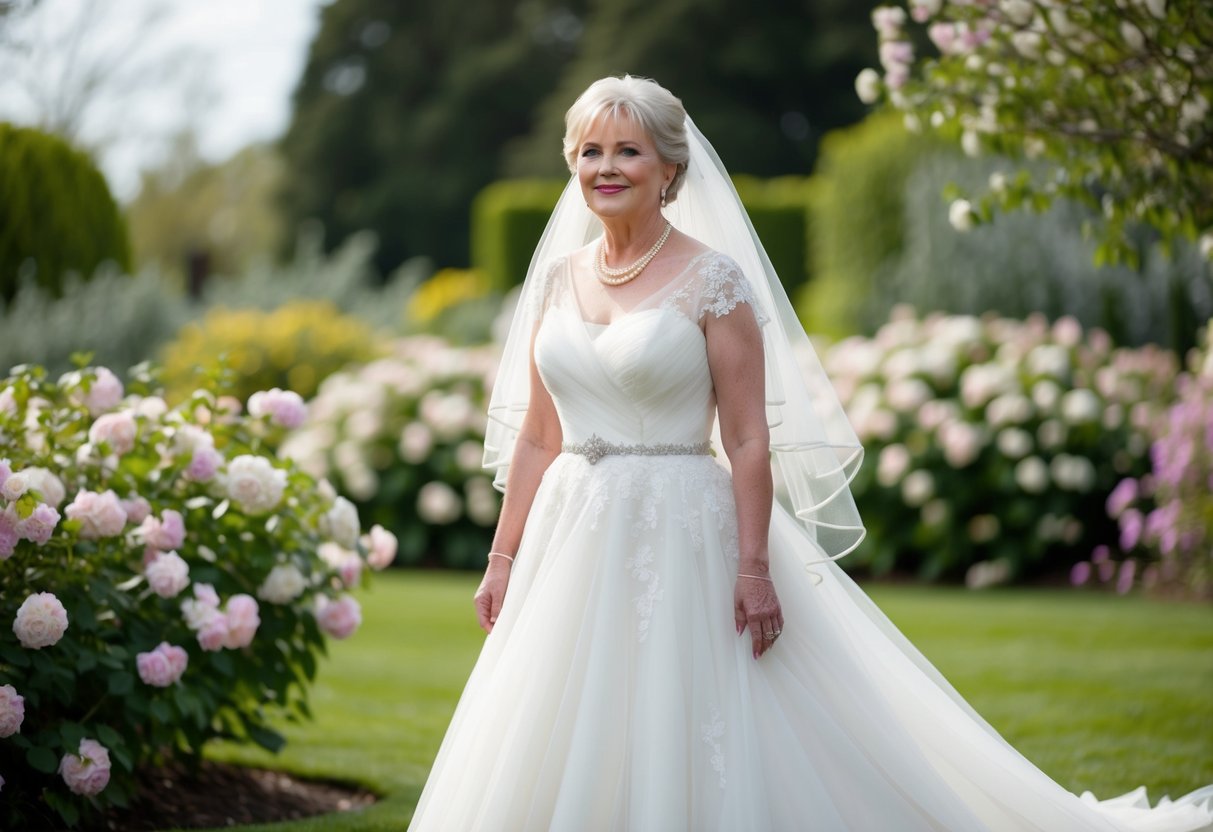 A 50-year-old bride wearing a flowing white gown with delicate lace detailing, a pearl necklace, and a veil, standing in a garden surrounded by blooming flowers