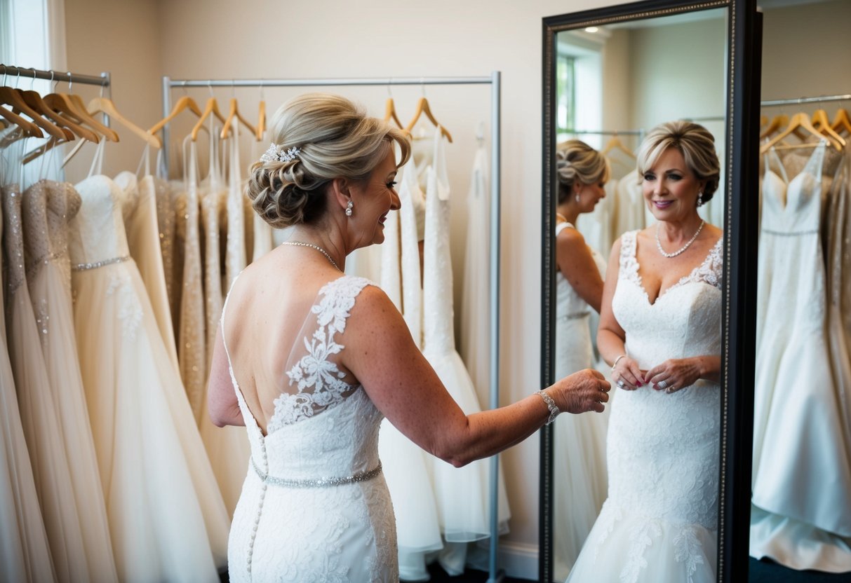 A 50-year-old bride trying on a variety of wedding dresses in a boutique, surrounded by racks of white gowns and mirrors