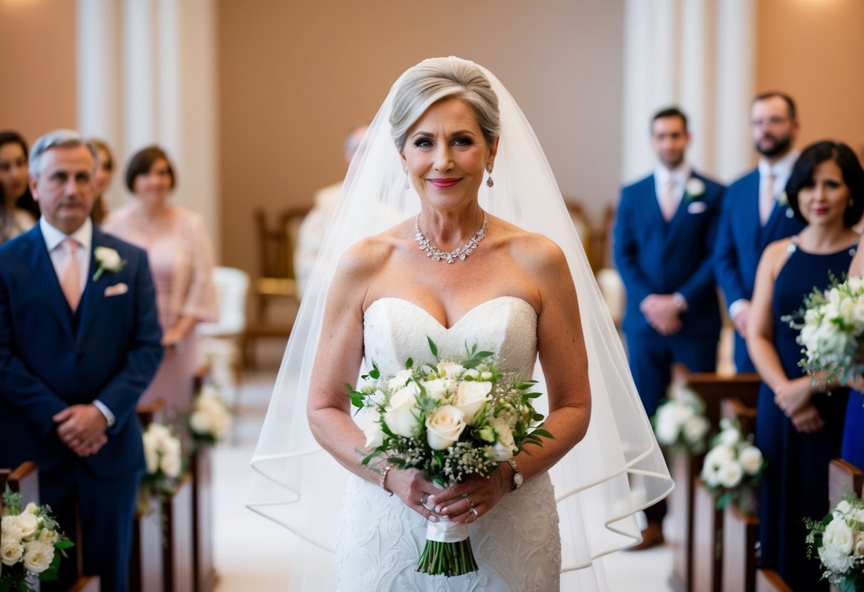 A 50-year-old bride wearing a stylish and elegant gown, adorned with subtle yet sophisticated accessories, standing confidently at the altar