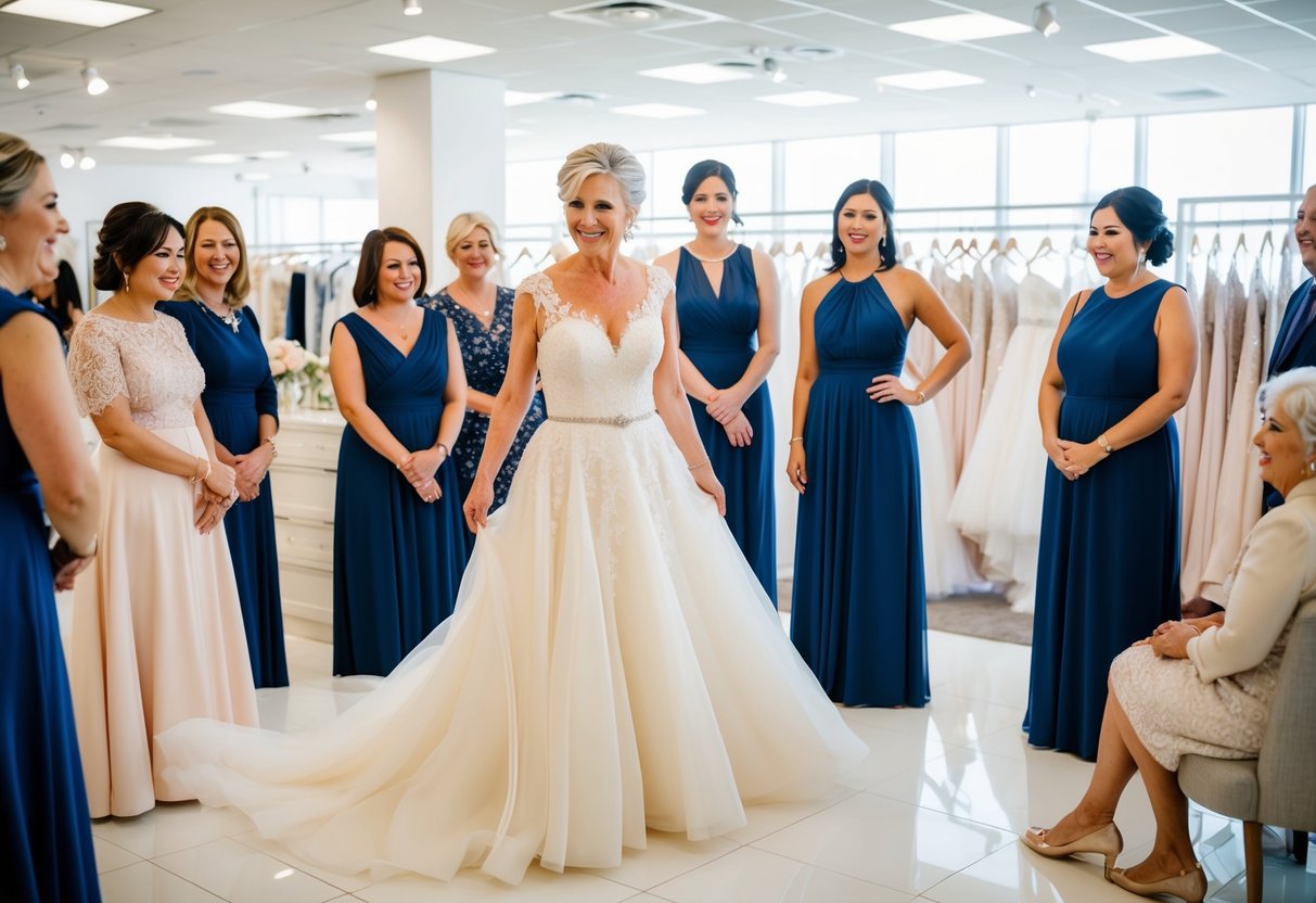 A 50-year-old bride tries on a flowing, elegant gown in a bright, spacious bridal boutique, surrounded by supportive friends and family