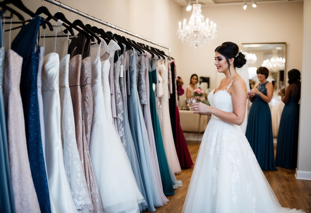 A rack of wedding dresses in a bridal boutique, with a bride-to-be browsing through the selection, trying on different gowns