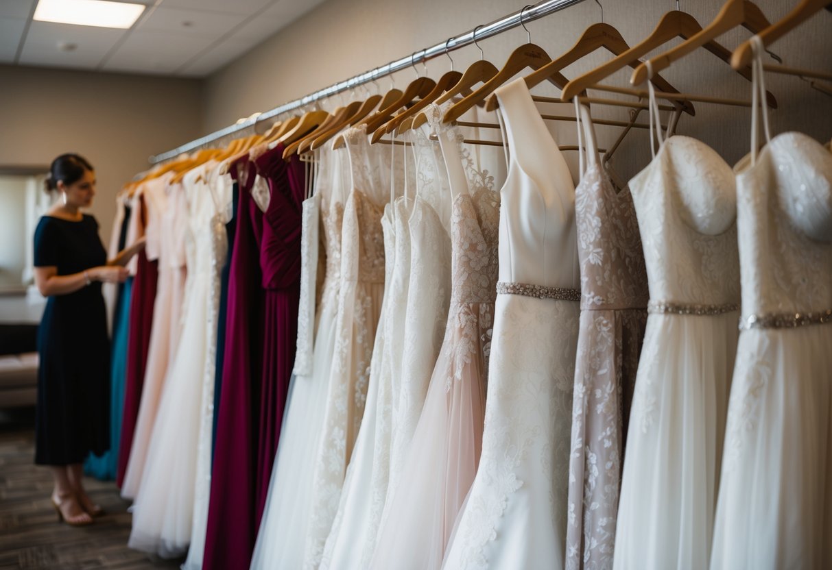 A rack of wedding dresses being browsed through at a bridal appointment