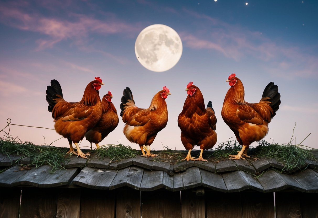A group of hens gather around a roost, clucking and preening under the moonlit sky