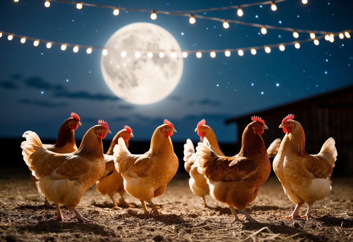 A group of hens in a moonlit barnyard, celebrating with a festive gathering and dancing under the stars