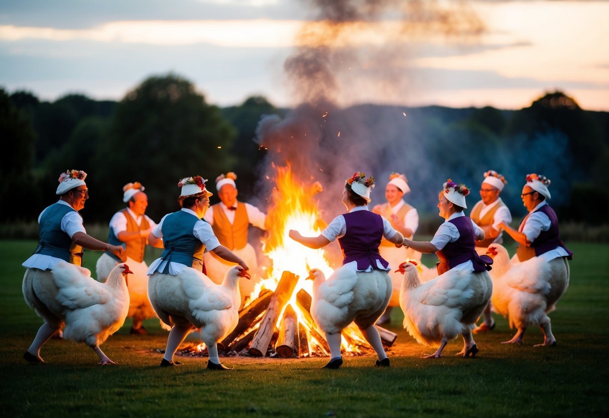 A group of hens gathered around a bonfire, wearing traditional attire and dancing to celebrate a wedding