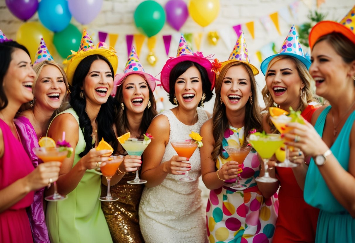 A group of hens gather at a lively party, adorned with fun decorations and sipping on colorful cocktails. Laughter fills the air as they celebrate the upcoming wedding of their friend