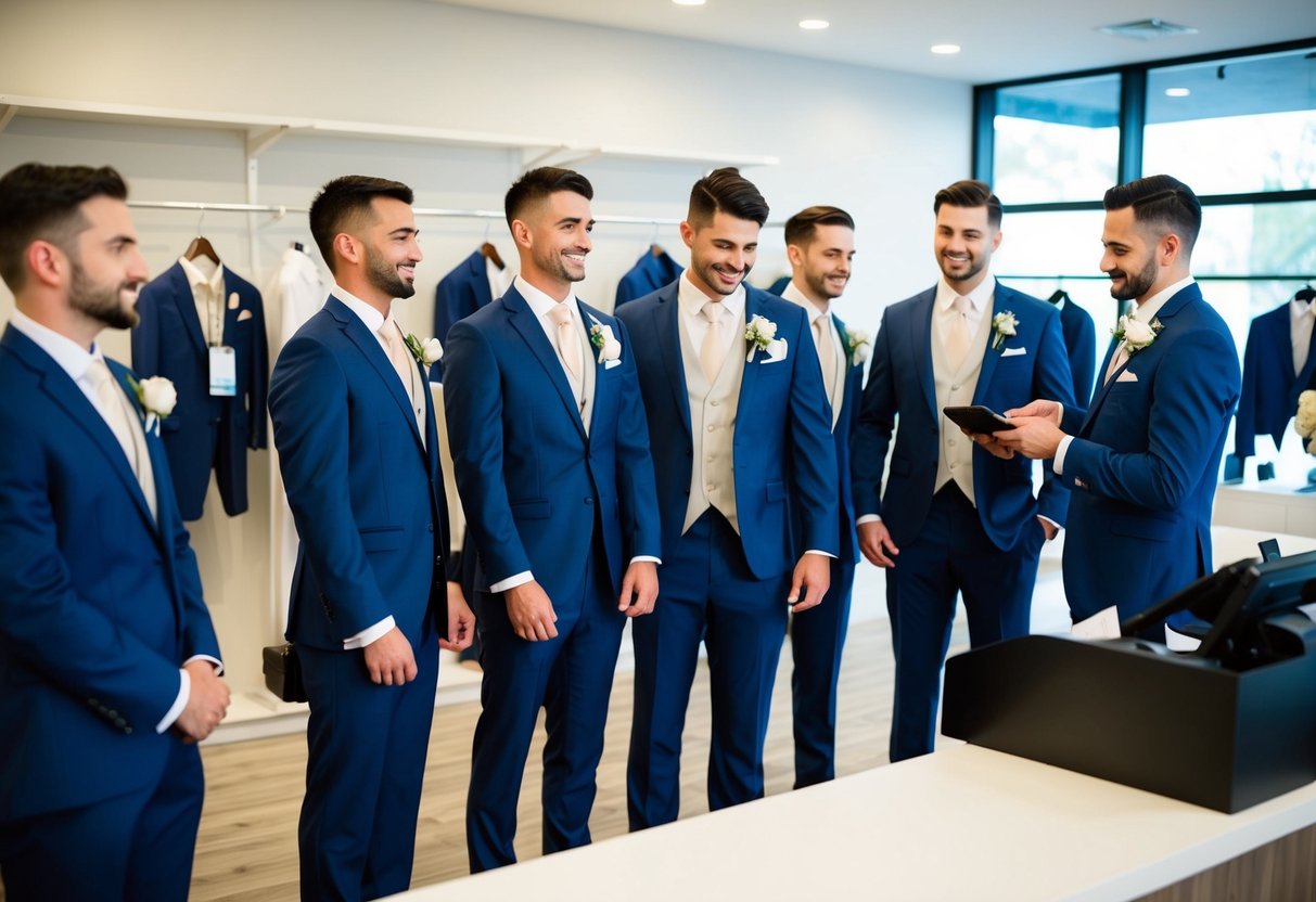 A group of groomsmen standing in a formalwear shop, trying on suits while a man pays at the register