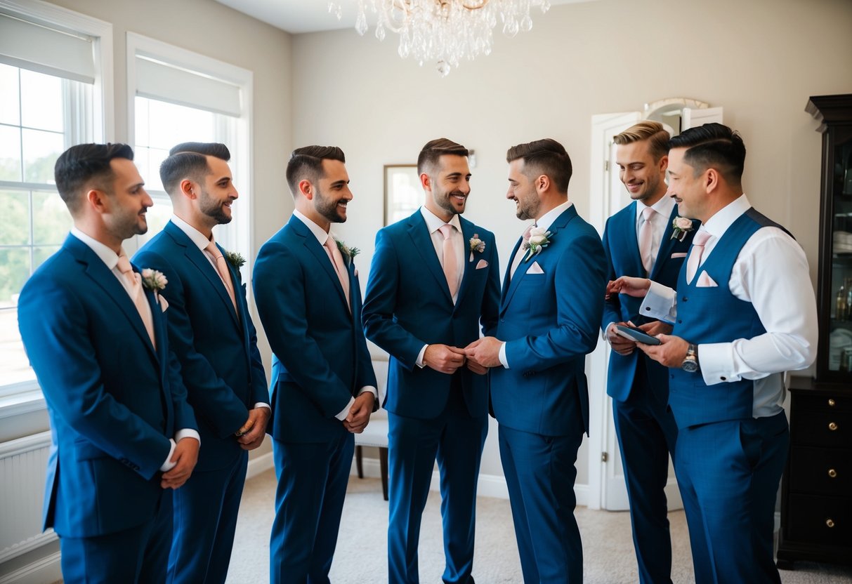 A group of groomsmen trying on suits at a tailor's shop, with the groom and possibly his family discussing payment with the tailor
