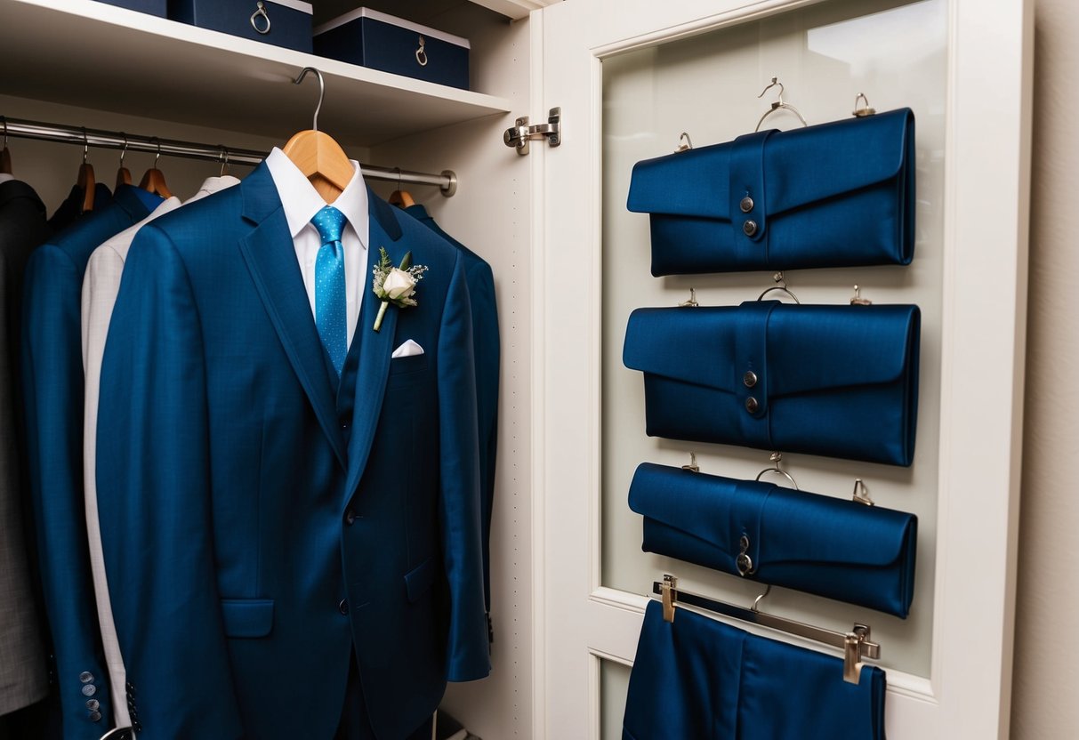 A groomsmen suit hanging in a closet with multiple accessories laid out nearby