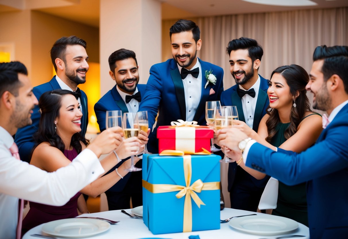 A group of friends gathers around a table, clinking glasses and laughing as they present a gift to the groom at his bachelor party