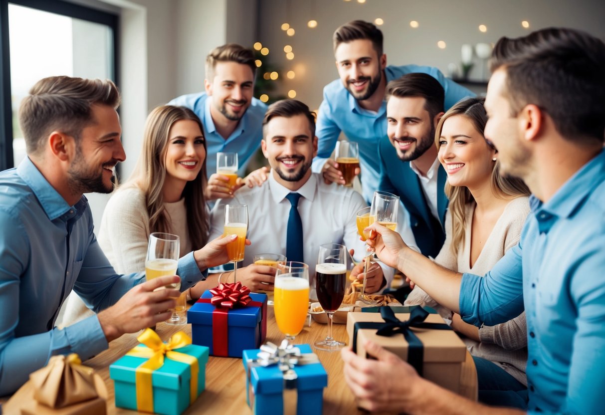 A group of friends gathered around a table with drinks and gifts, celebrating the groom at a bachelor party