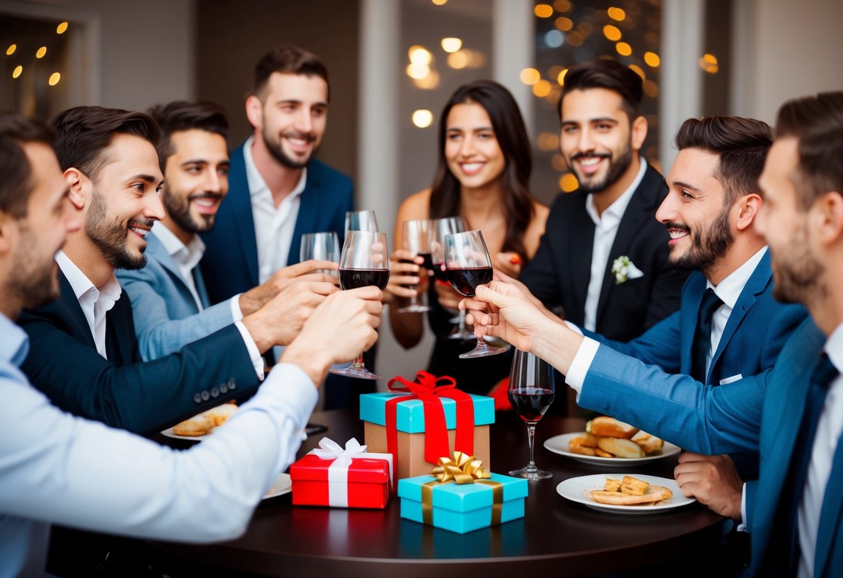 A group of friends gather around a table, clinking glasses and exchanging gifts at a bachelor party