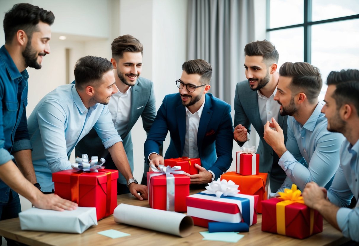 A group of friends gather around a table, discussing and debating over a gift for the groom at the bachelor party. Gifts and wrapping paper are scattered on the table
