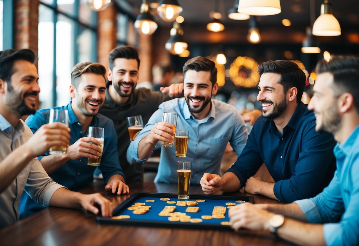 A group of men celebrating at a bar, drinking, laughing, and playing games