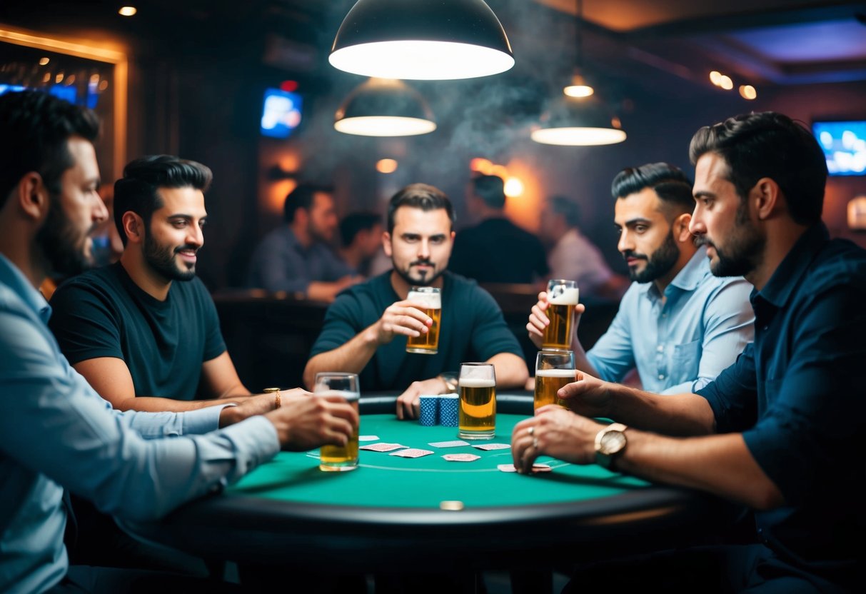 A group of men playing poker and drinking beer at a dimly lit, smoky bar