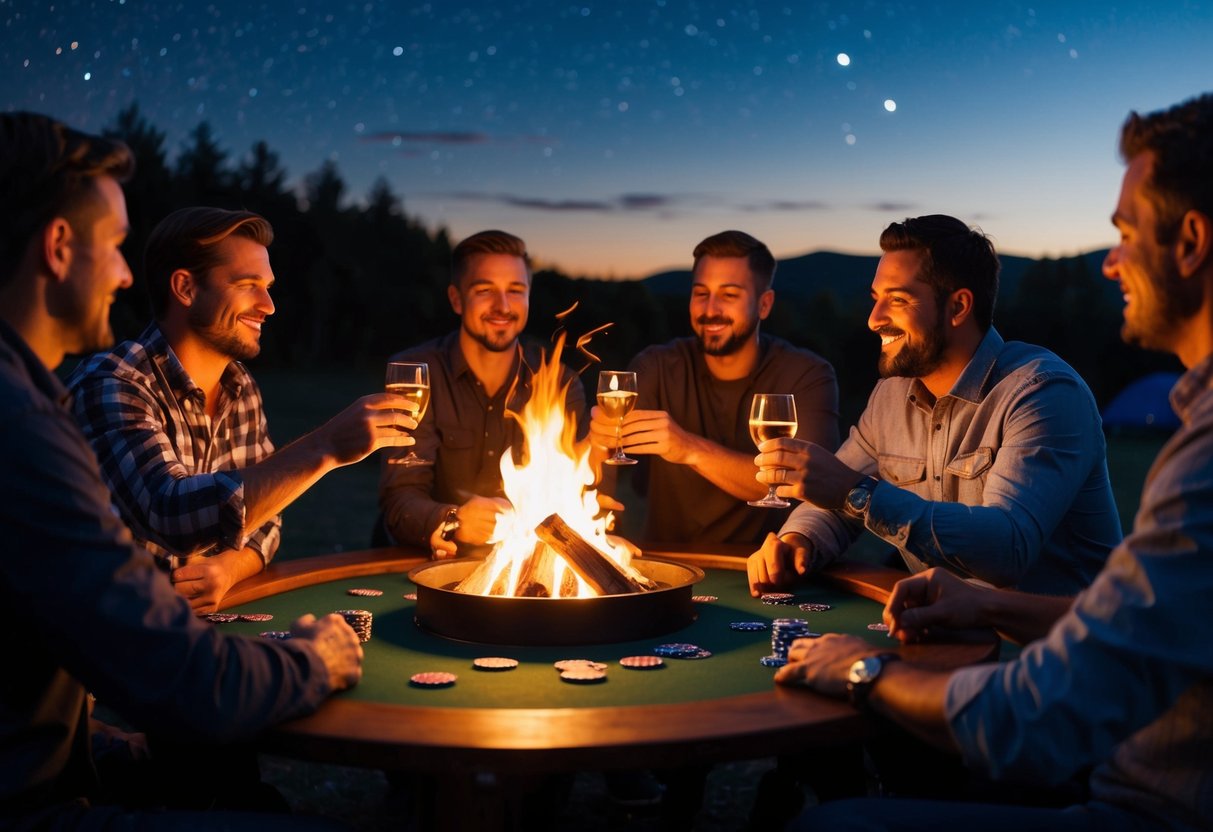 A group of men gather around a campfire, toasting drinks and sharing stories under the stars. A game of poker is set up on a wooden table nearby