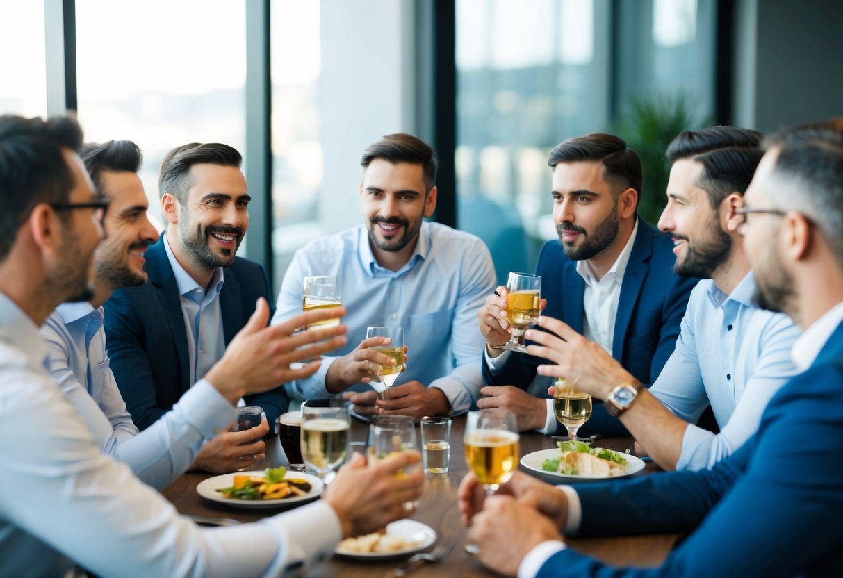 A group of men gathered around a table, discussing and gesturing while holding drinks. Some are laughing, others are deep in conversation