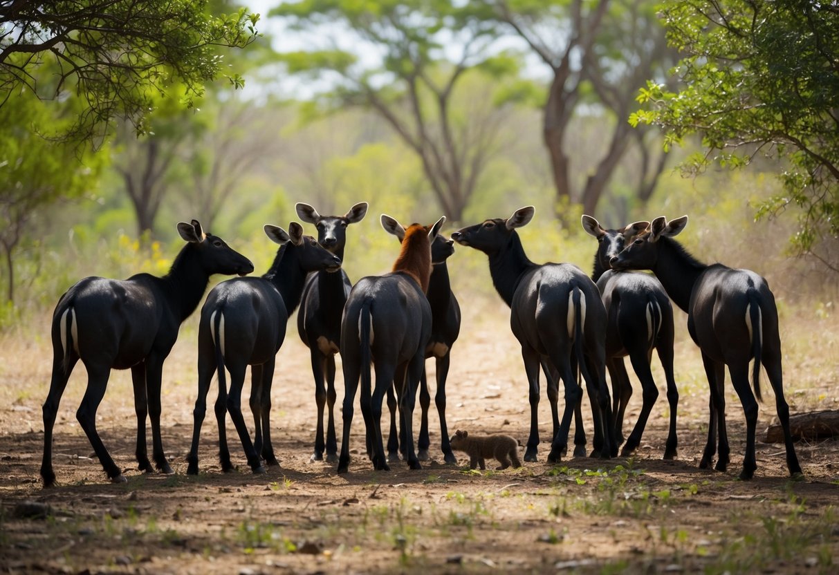 A group of male animals gather in a forest clearing, surrounded by trees and foliage. They stand in a circle, with one animal in the center, as if celebrating a special occasion