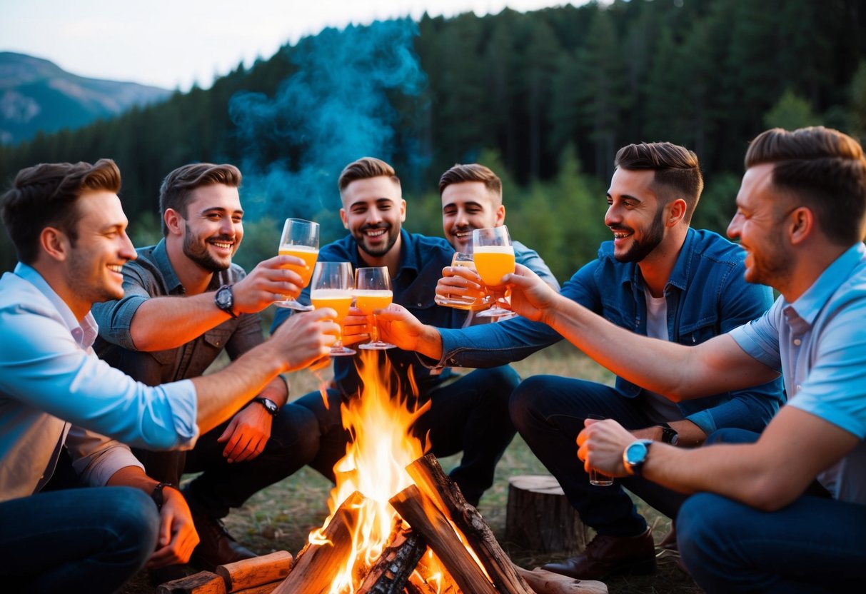 A group of male friends gathered around a campfire, laughing and toasting drinks at a stag party