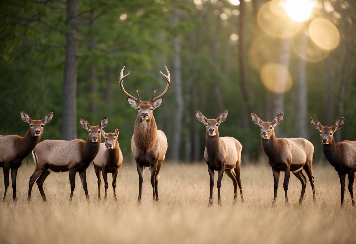 A group of animals gathered in a forest clearing, with a stag standing proudly in the center while other creatures look on with curiosity and anticipation