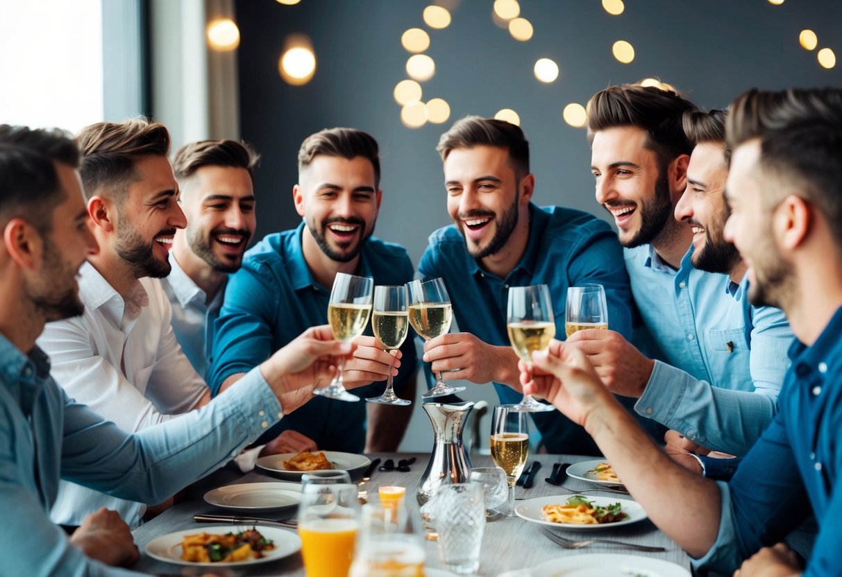 A group of male friends gathered around a table, raising their glasses in celebration. Laughter fills the air as they discuss the upcoming stag event