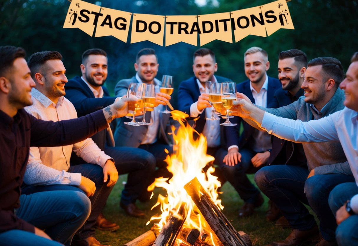 A group of men gathered around a bonfire, raising their glasses in celebration. A banner with the words "Stag Do Traditions" hangs in the background