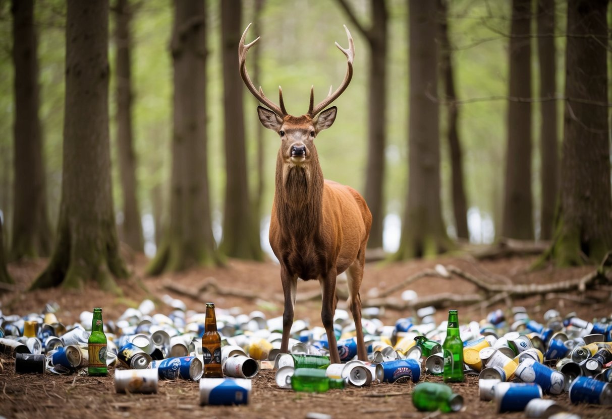 A stag standing proudly in a forest clearing, surrounded by empty beer cans and discarded bottles, with a look of defiance in its eyes
