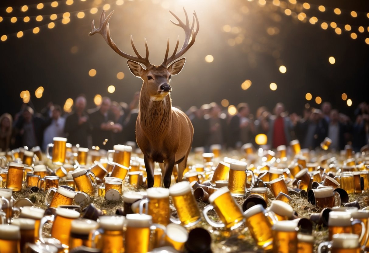 A stag stands proudly amidst a sea of overturned beer mugs and raucous revelers at the celebration, managing to avoid getting drunk