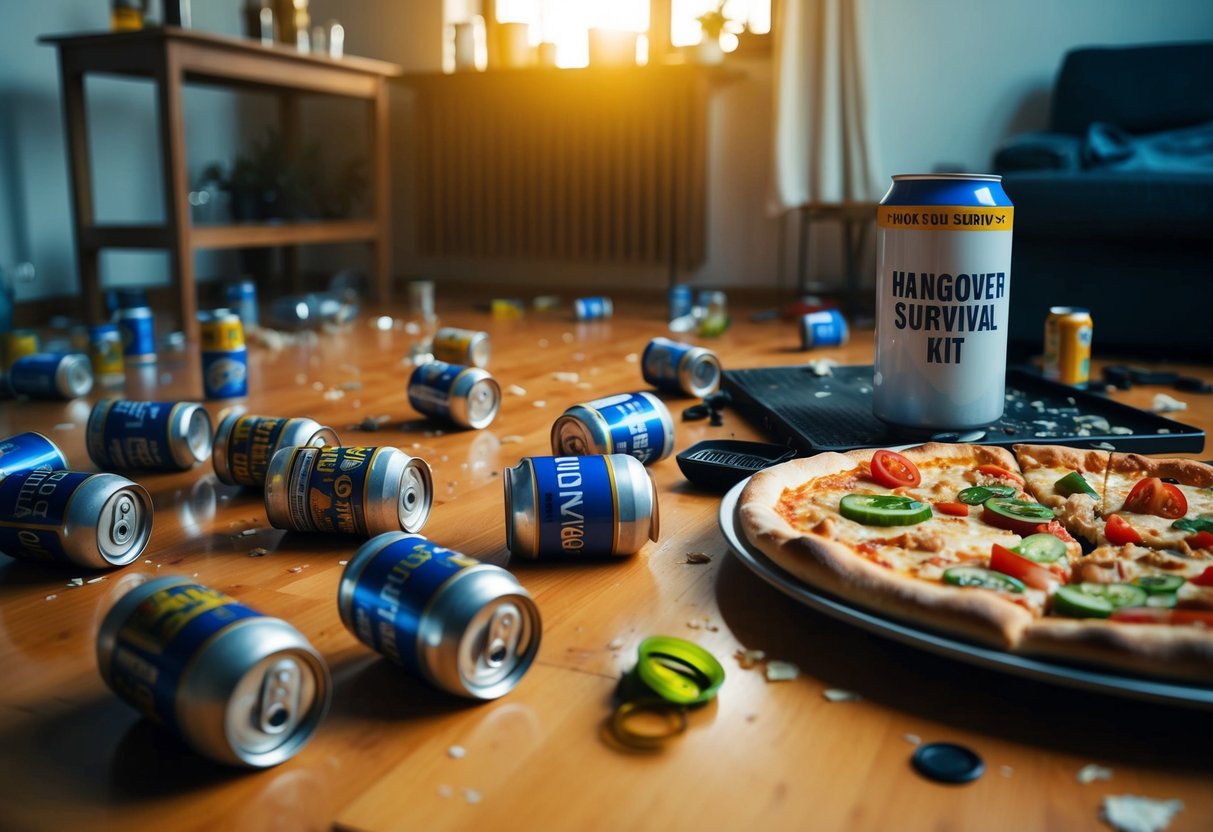 Empty beer cans scattered on the floor, a half-eaten pizza on the table, and a disheveled room with a "Hangover Survival Kit" on the counter