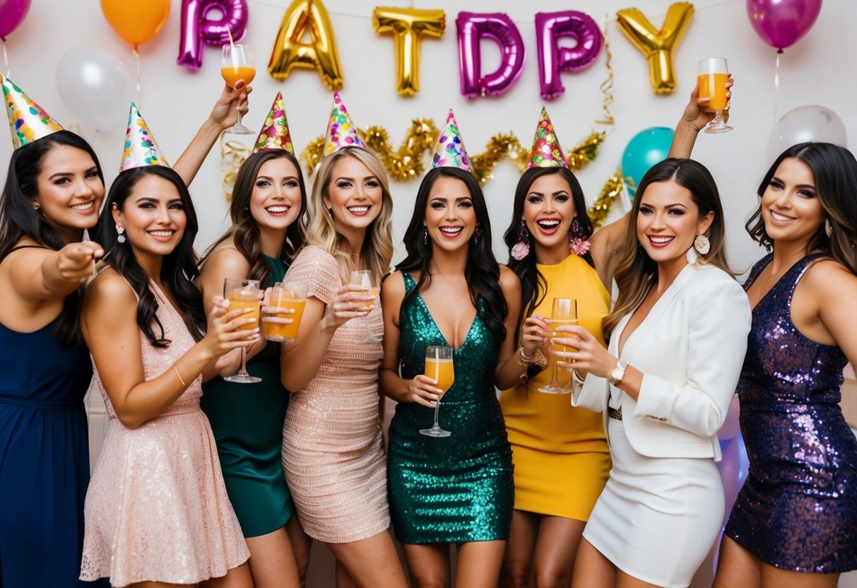 A group of women in festive attire celebrating with drinks and decorations at a bachelorette party