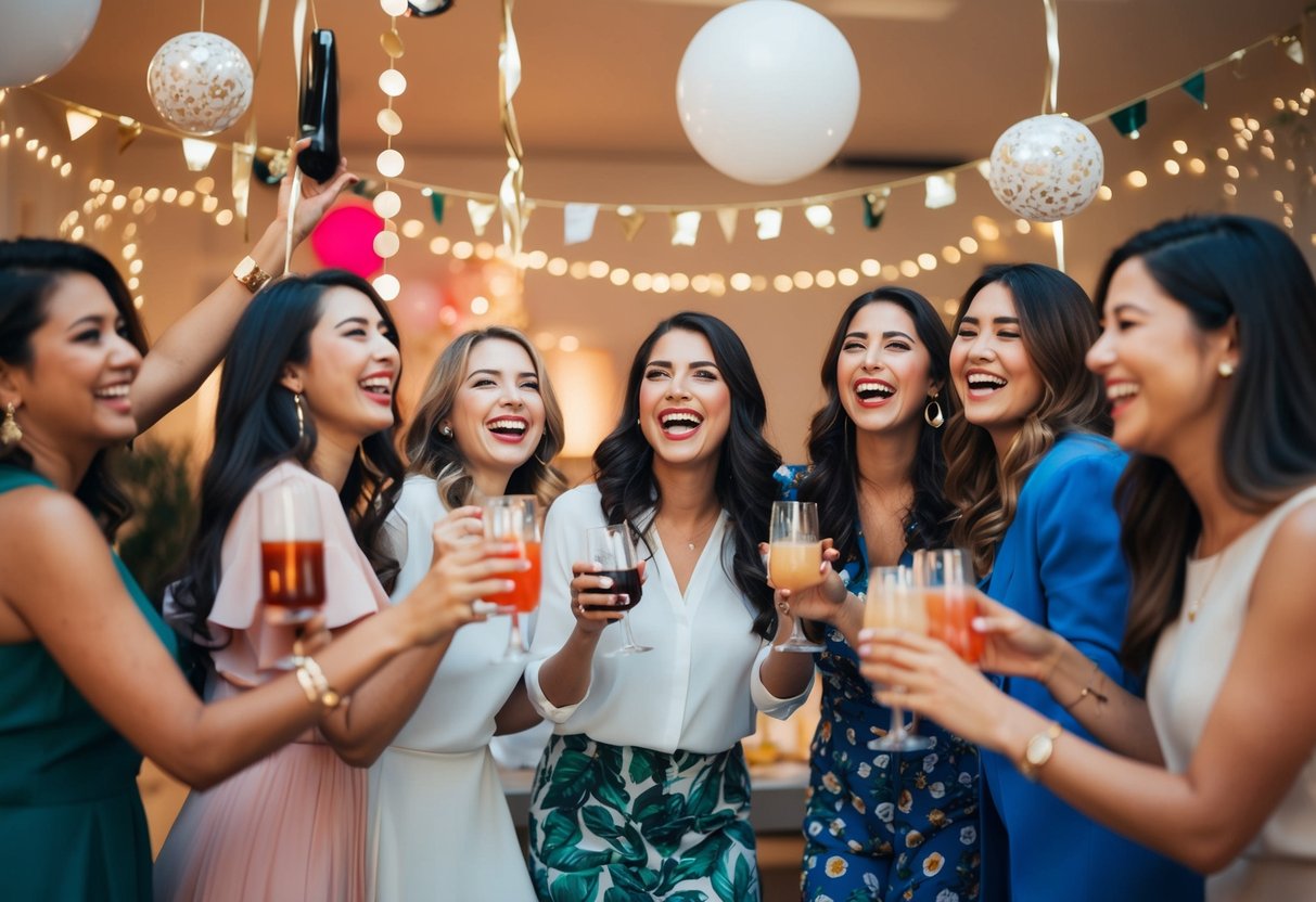 A group of women celebrating with decorations, drinks, and laughter