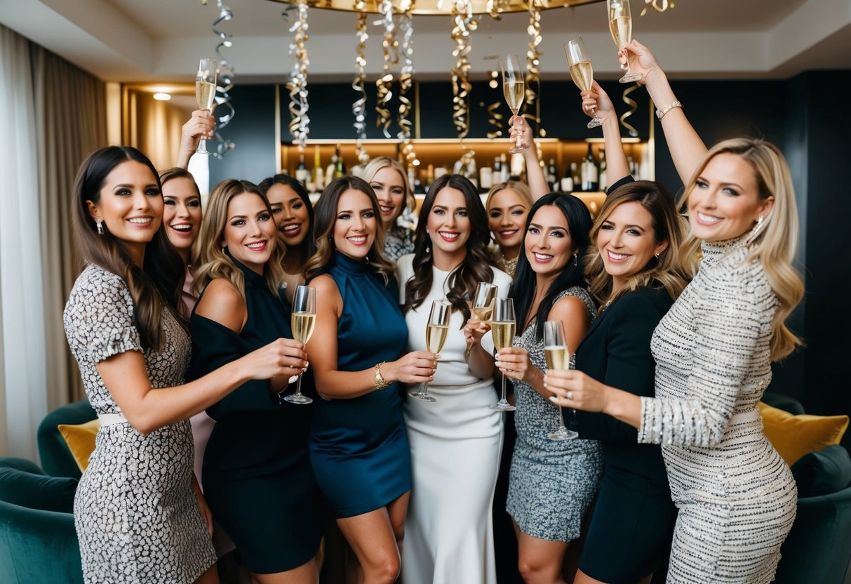 A group of women celebrating with champagne and decorations in a stylish, upscale setting