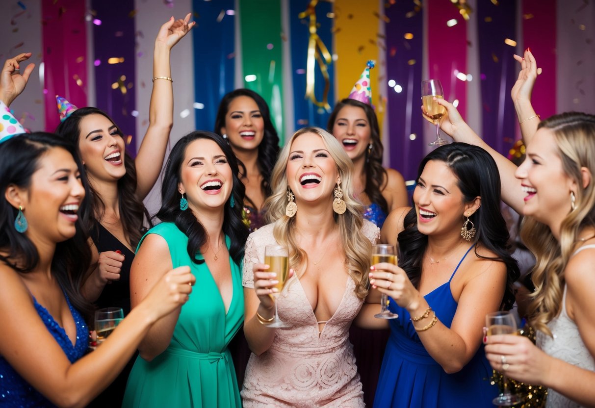 A group of women in festive attire laughing and dancing together at a bachelorette party, surrounded by colorful decorations and confetti