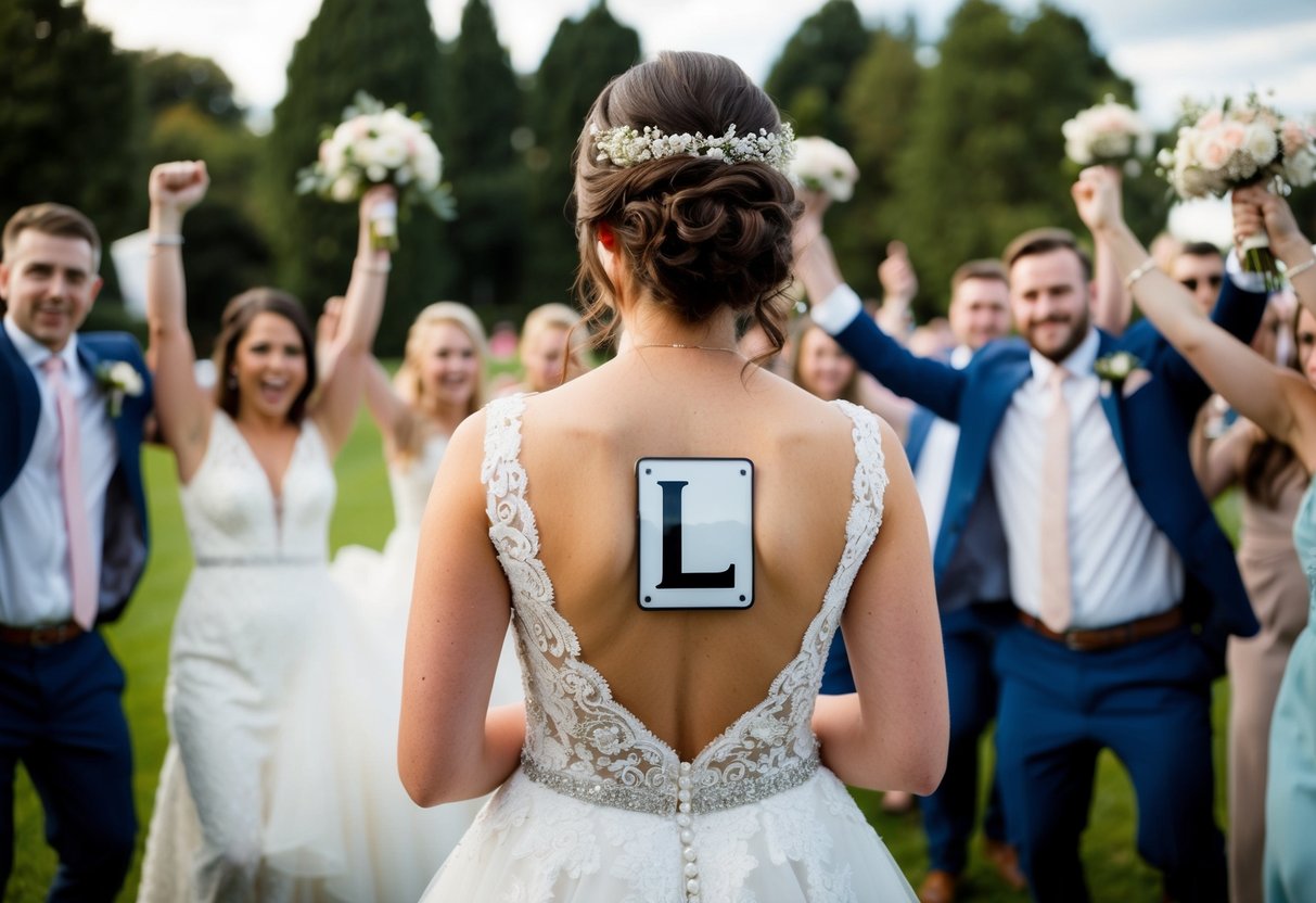 A bride wearing an L plate on her back, surrounded by wedding decorations and a group of cheering friends