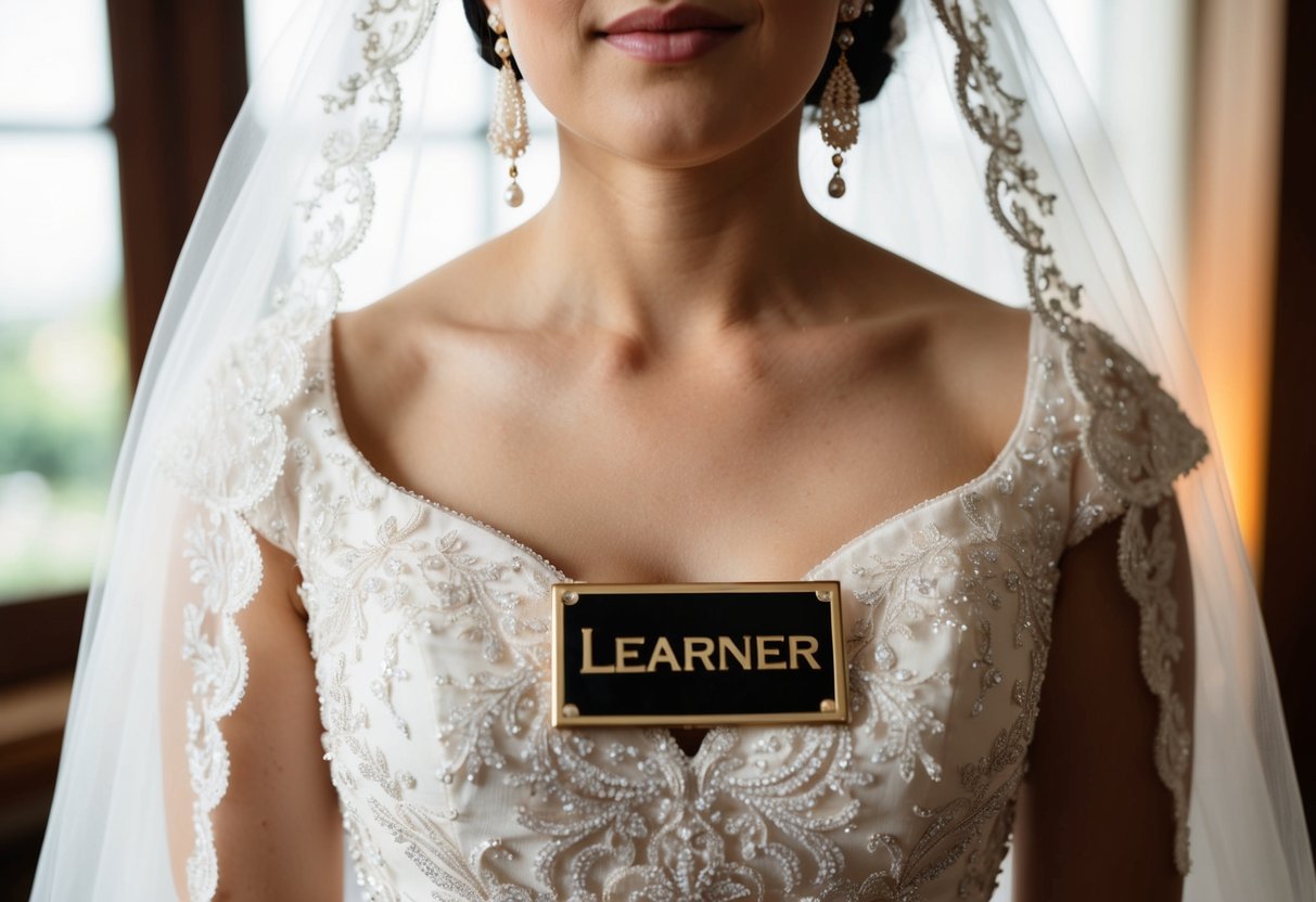 A bride stands wearing a traditional wedding gown with a prominent L plate pinned to her chest, symbolizing her transition from a "learner" to a married woman