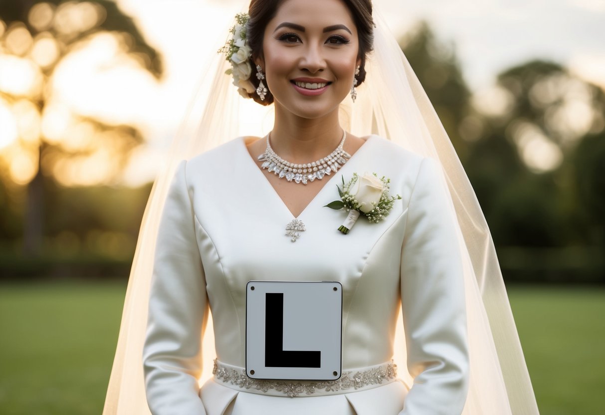 A bride wearing a traditional white wedding gown with a prominent L plate pinned to her outfit