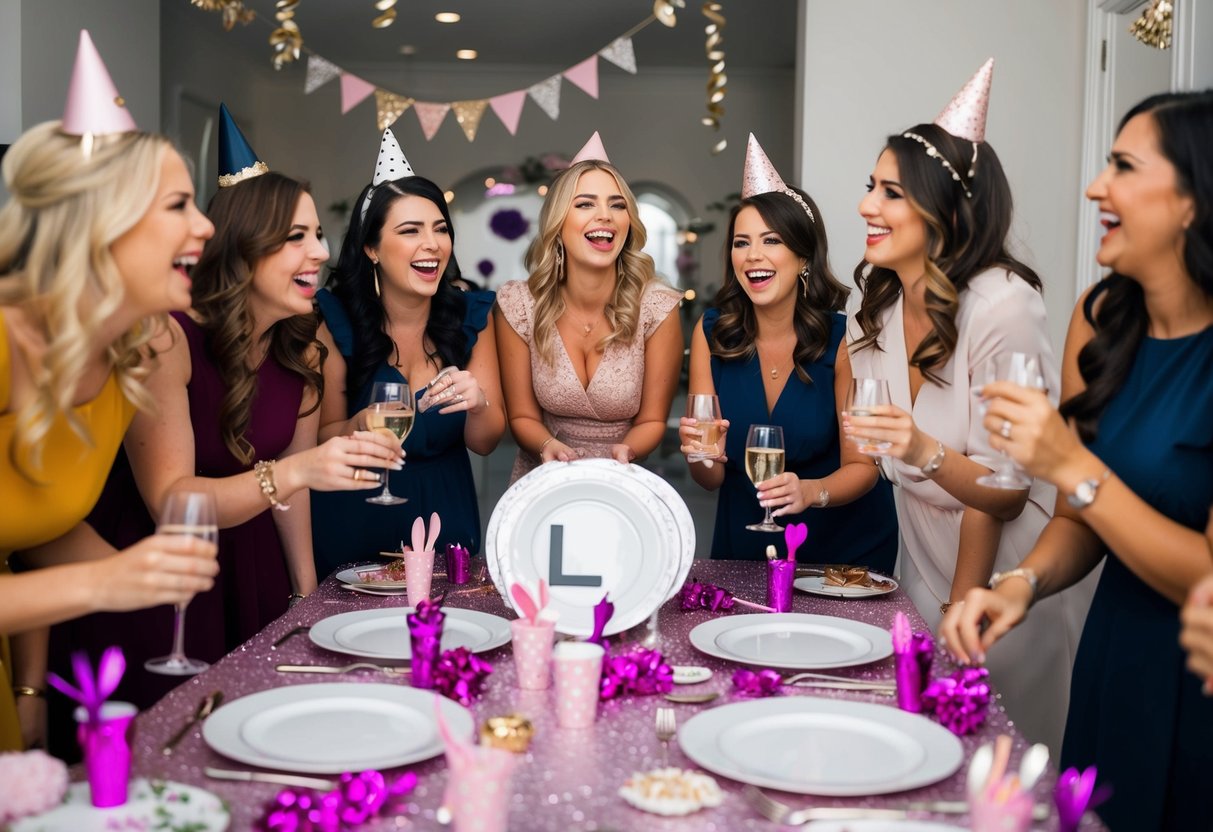 A group of women gathered around a table covered in decorations and party favors, with a pair of L plates prominently displayed. Laughter and excitement fill the room as they plan the upcoming hen party