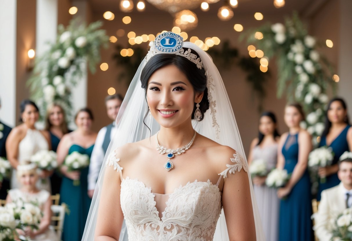 A bride wearing a modern wedding gown with a traditional L-plate accessory, surrounded by a mix of classic and contemporary wedding decor