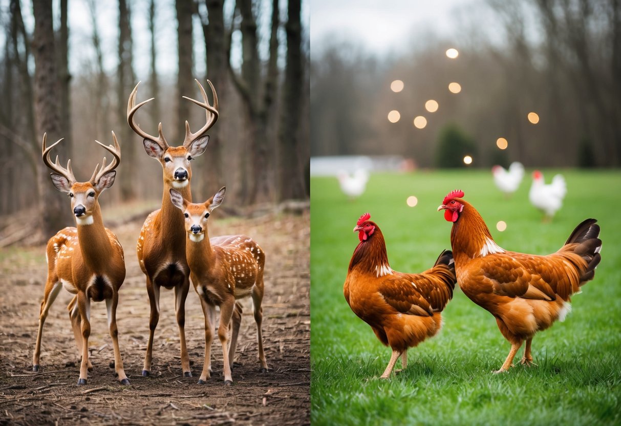A group of male deer and female chickens celebrate separately in a forest clearing and on a farmyard