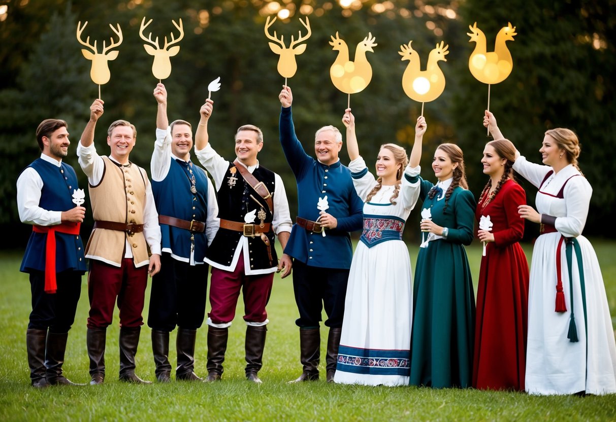 A group of men and women in historical attire celebrate separately, with symbols of stags and hens present