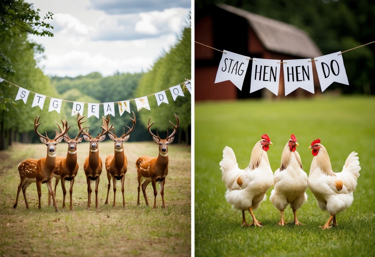 A group of male deer and female chickens celebrating separately in a forest and a barn, with banners and decorations indicating "Stag Do" and "Hen Do"