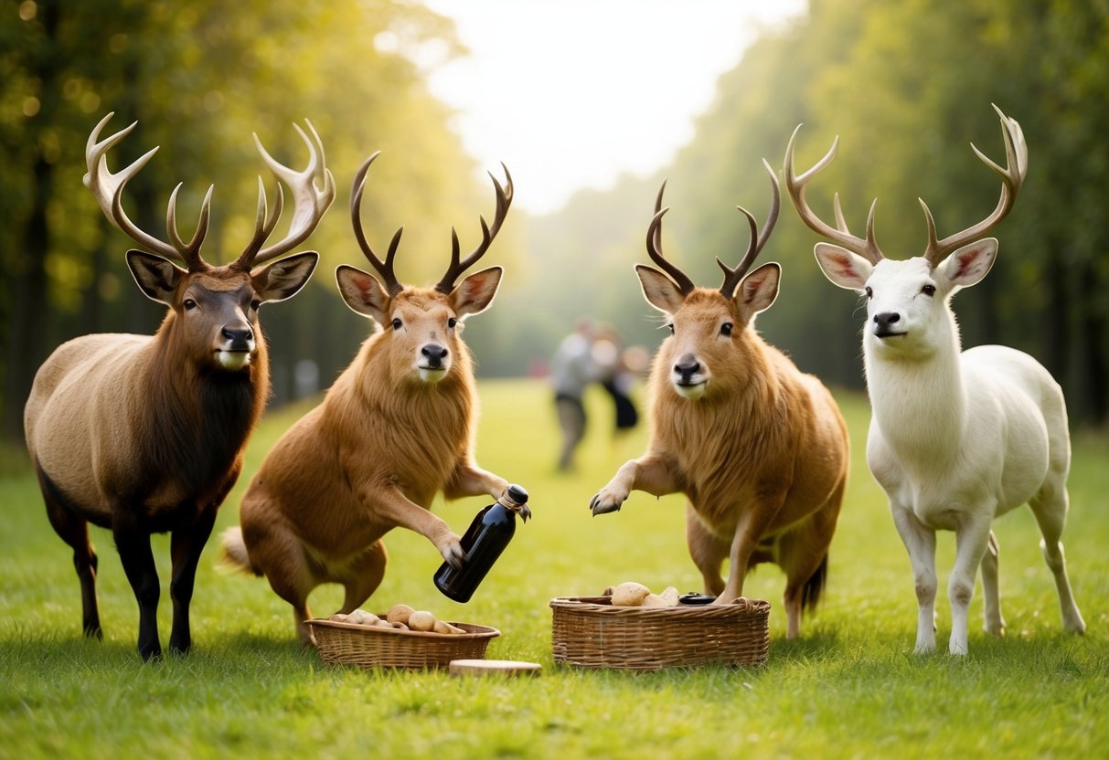 A group of male and female animals gather separately, each engaged in lively activities and games, representing the traditional stag and hen parties