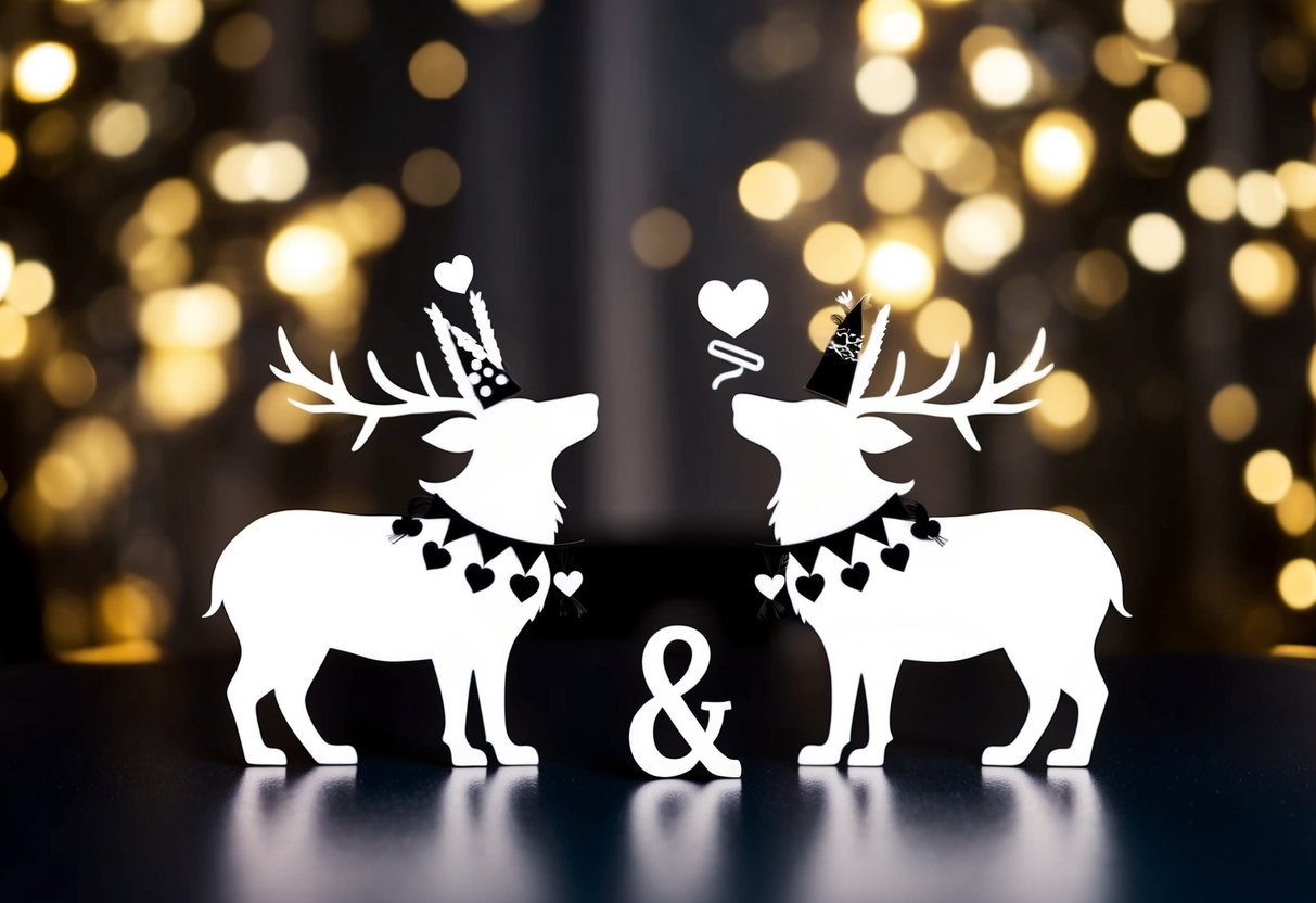 A stag and hen party symbolized by a pair of gender-neutral animal silhouettes, each adorned with celebratory accessories