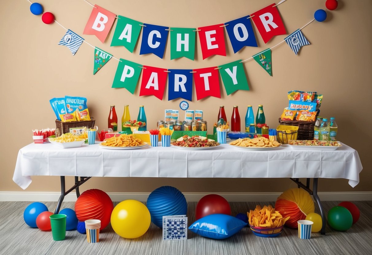 A table covered in snacks and drinks, surrounded by party decorations and games, with a banner reading "Bachelor Party" hanging above